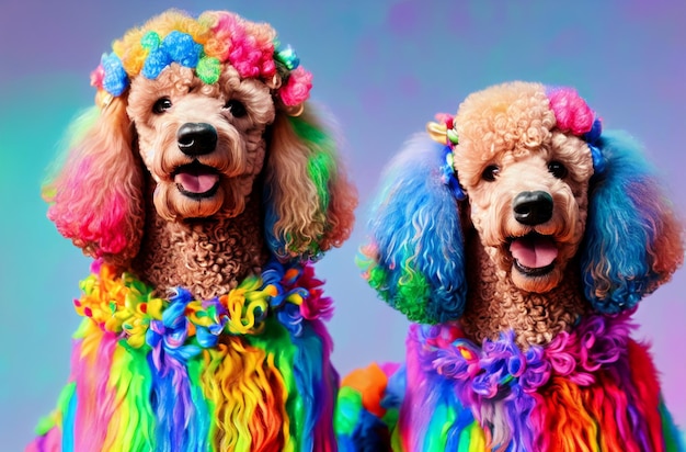 Two poodles Portrait of charming dogs with colourful multicolored curly fur Generative AI