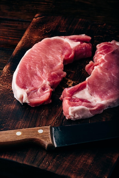 Two pork loin steaks with knife