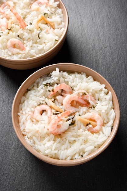 Two portions of chazuke with shrimps