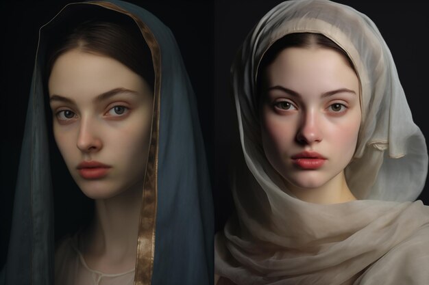 Two portraits of a beautiful girl in a veil on a dark background