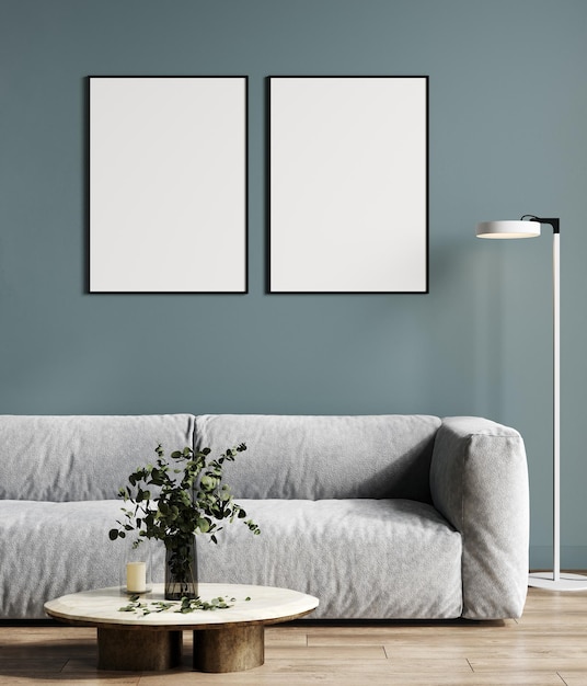 Two poster frames mockup in stylish blue living room 3d rendering