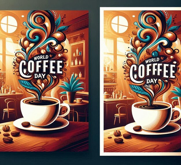 Photo two posters for coffee and a cup of coffee