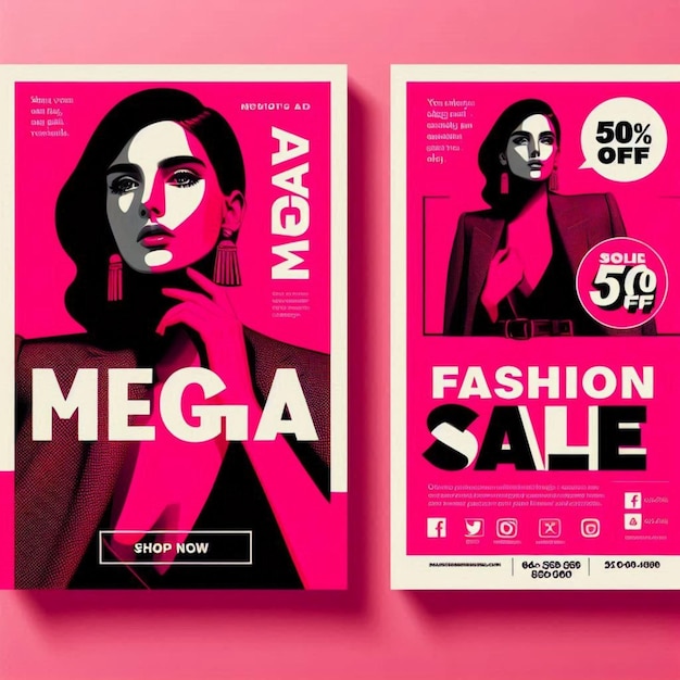 Photo two posters of super fashion are displayed on a pink background