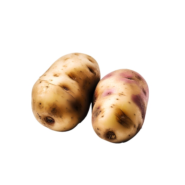 Two potatoes with purple on the bottom and purple on the bottom.