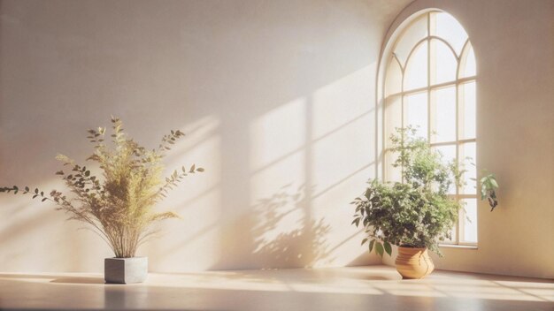 Photo two potted plants in a room with a large arched window sunbeams streaming through