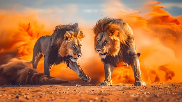 Two powerful and majestic lions engaged in a fierce battle showcasing their strength and dominance in the dramatic and rugged desert landscape with a vivid fiery sunset sky in the background