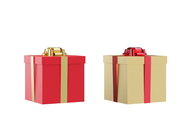 Two presents isolated on white background Red and golden gift boxes with ribbons Design elements for greeting card invitation advertising Merry Christmas Birthday gift celebration 3D render