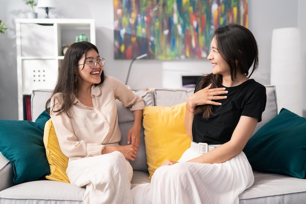 Two pretty brunette friends hang out on the sofa in a modern apartment roommates students joke