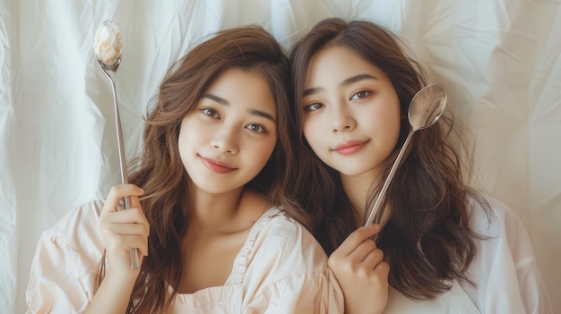 Two pretty young Asian women holding ladle for having fun friendship concept