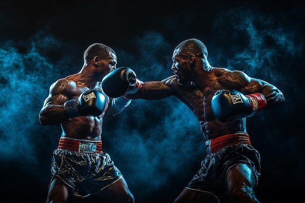 Two professional boxer boxing on ring in black smoky background