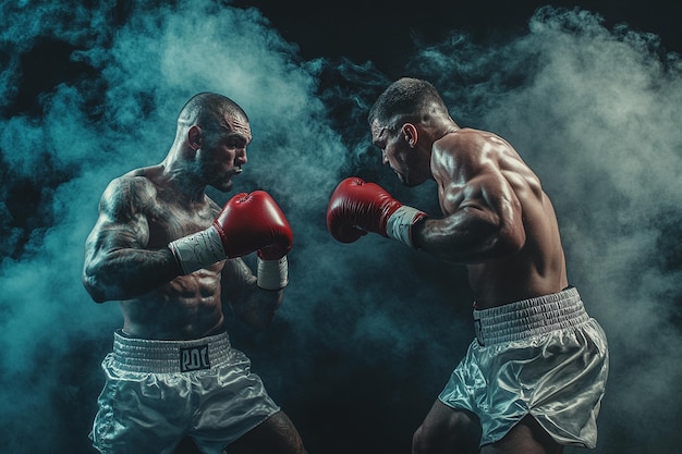 Two professional boxer boxing on ring in black smoky background