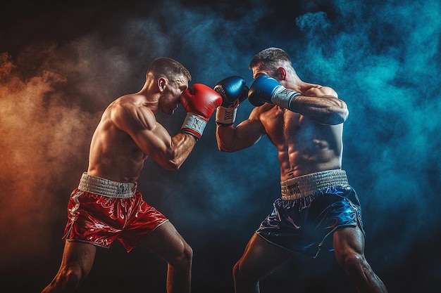 Two professional boxer boxing on ring in black smoky background