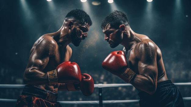 Two professional boxers fighting in a dark boxing ring environment