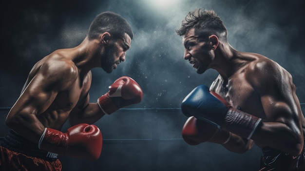 Two professional boxers fighting in a dark boxing ring environment