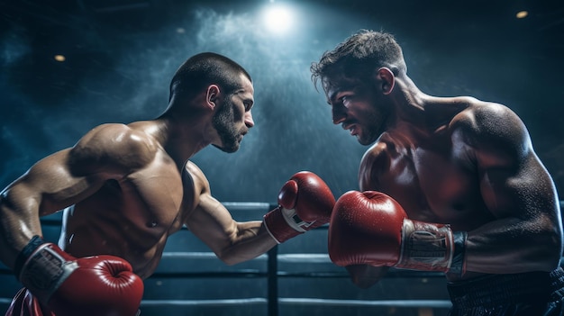 Two professional boxers fighting in a dark boxing ring environment