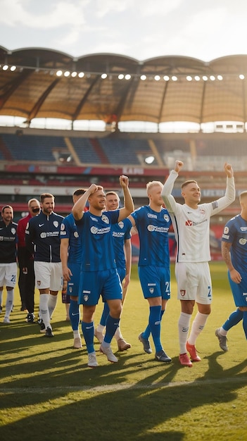 Photo two professional soccer teams leaving the field after successful match