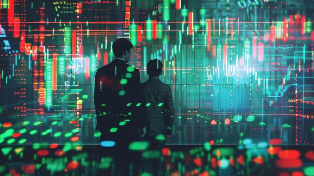 Two professional traides looking on technical price graph and indicator red and green candlestick chart and stock trading computer screen background Double exposure