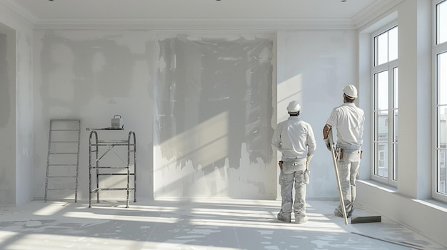 Photo two professional workers in white uniforms and helmets are renovating and room with large windows