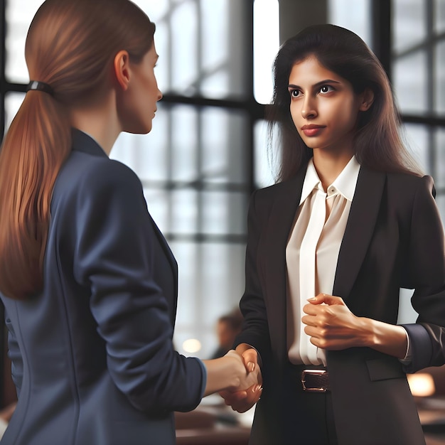 Two professionally dressed business women shake hands showing mutual respect and determination