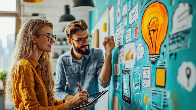 Two professionals brainstorming ideas on a colorful wall