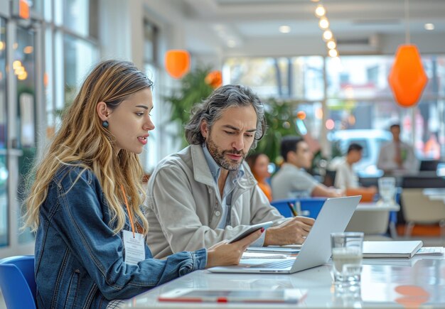 Photo two professionals in an office collaborate on a project during a business meeting in a bright space with large windows