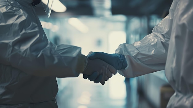 Two professionals in protective gear sealing a partnership with a handshake in a sterile environment