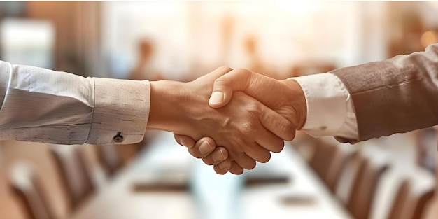 Two professionals shaking hands across a table in a business meeting Concept Business Meeting Professional Interaction Handshake Gesture