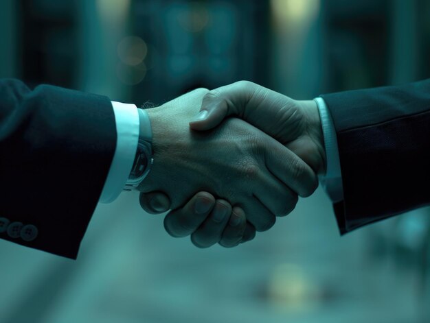 Two professionals shaking hands in a meeting or conference setting