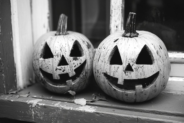 Photo two pumpkins sit on a window sill one of which has a face carved into it