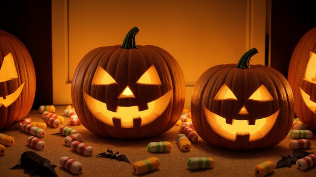 two pumpkins with carved faces and a pumpkin with a face that says quot scary quot