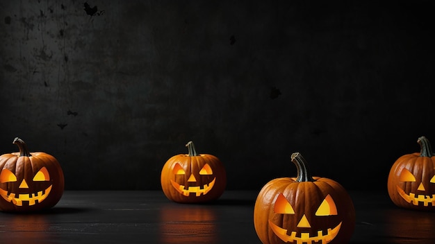 two pumpkins with faces and a carved pumpkin on a dark background