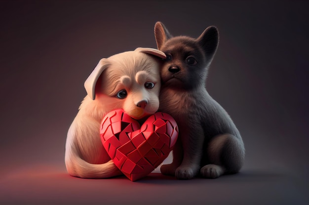 Two puppies in love postcard for February 14 Generative AI