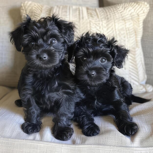 Photo two puppies sitting on a couch with a white and gray striped pillow