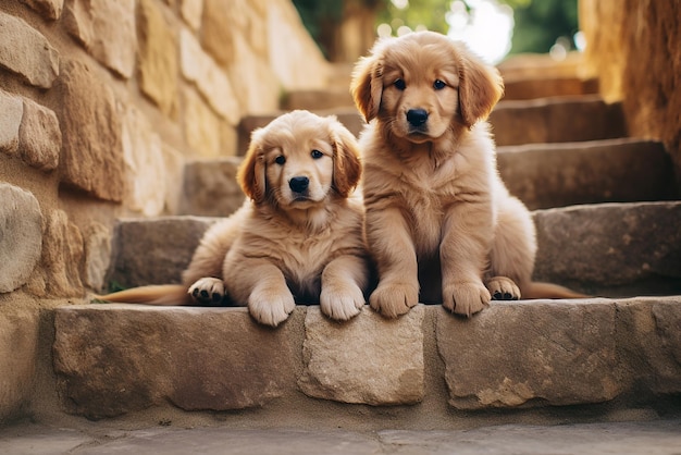 Two puppies on some stone steps