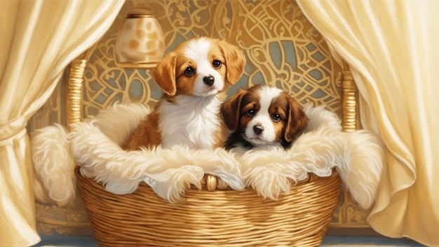 Two Puppies in a Woven Fur Basket