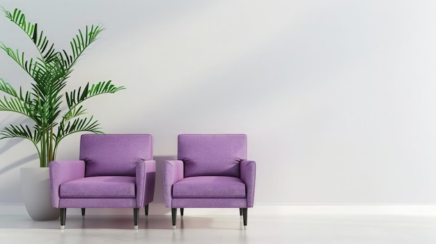 Two purple armchairs and plant on white background generative ai