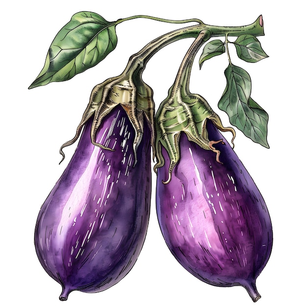 Two purple eggplants with green leaves hanging from a vine