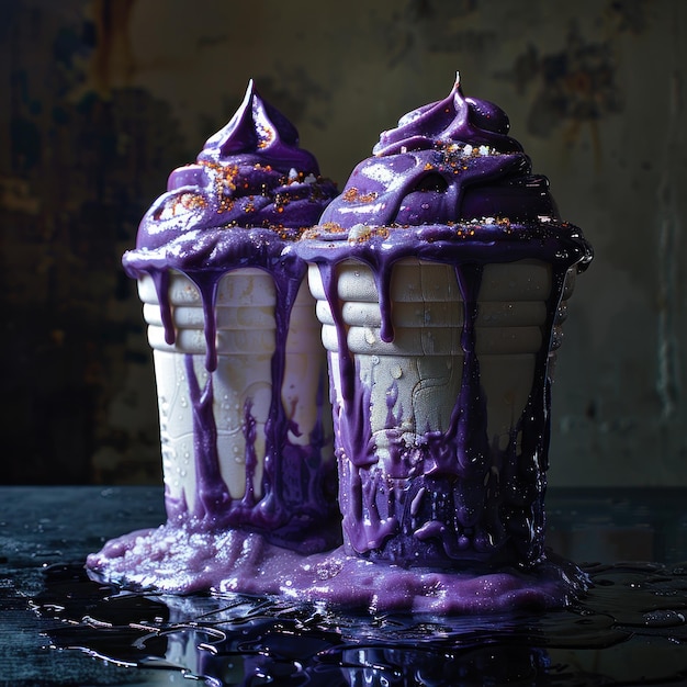 Photo two purple ice cream cones melt on a black surface