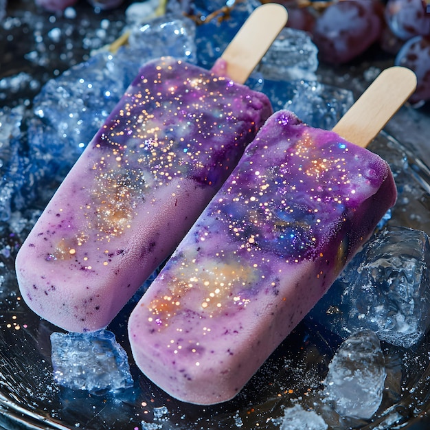 two purple ice creams with purple and purple frosting on them