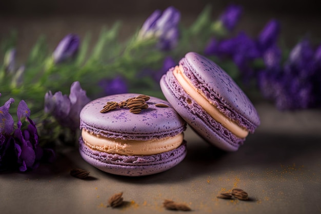 Two purple macaroons in a pair on a floral backdrop backdrop of bright purple