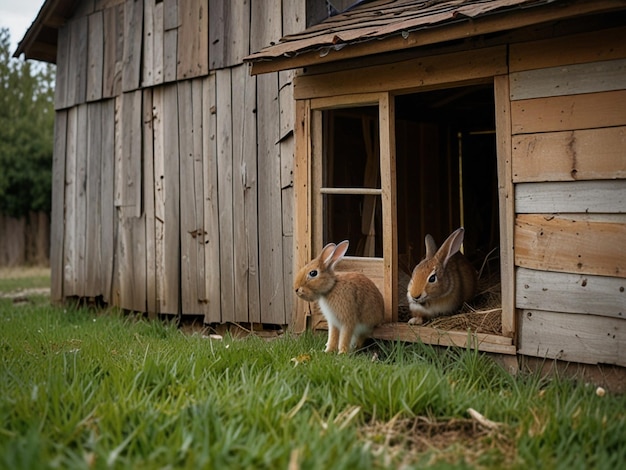 two rabbits are in a barn with a door that says rabbit on it