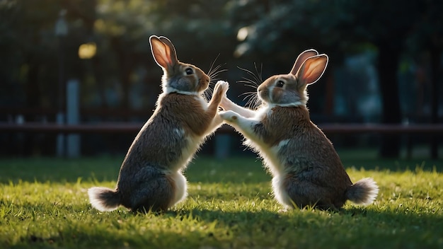 two rabbits are playing in the park at sunset The concept of love and friendship