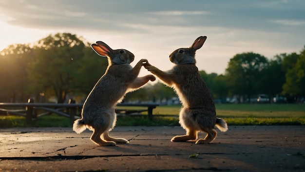 two rabbits are playing in the park at sunset The concept of love and friendship