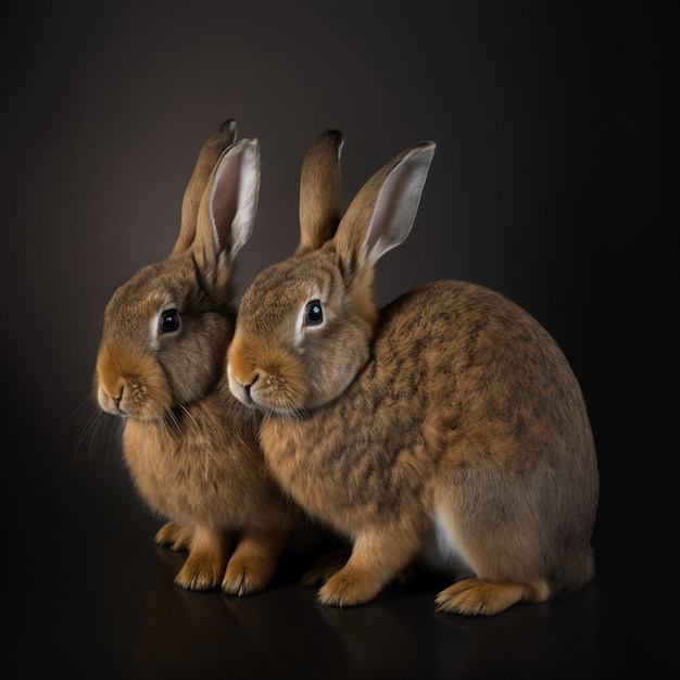 Two rabbits are sitting next to each other in a dark background.