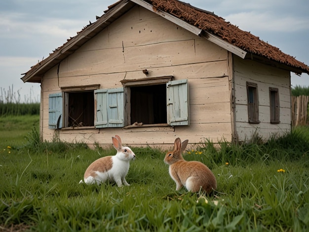 two rabbits are sitting in the grass outside a house