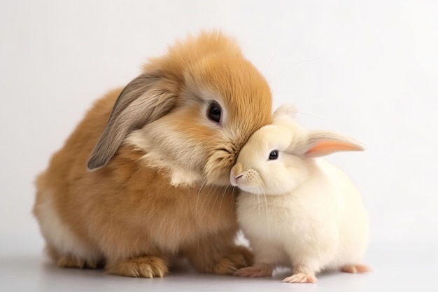 two rabbits are sitting together