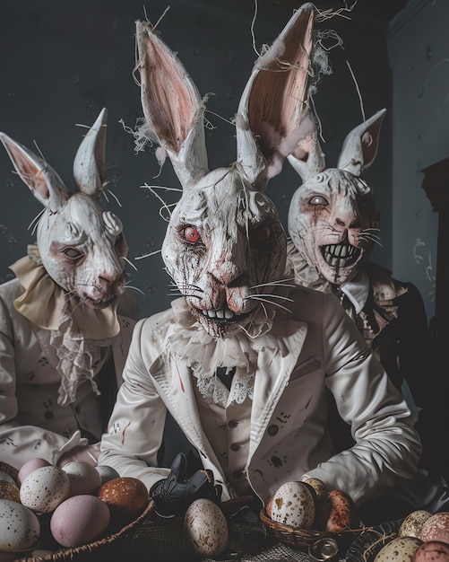 Photo two rabbits are wearing costumes that say rabbit ears