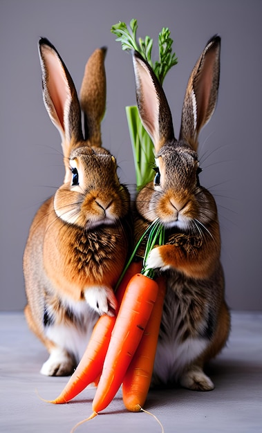 Two rabbits eating carrots with one holding a carrot