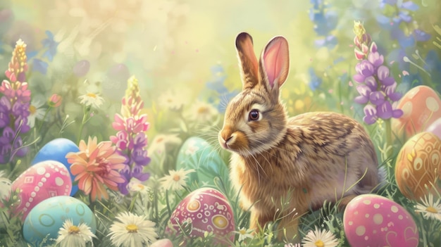 Two rabbits in a field of flowers and easter eggs on grass aige