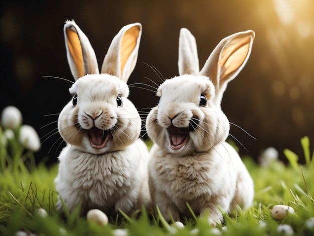 Two rabbits on a field with a black background